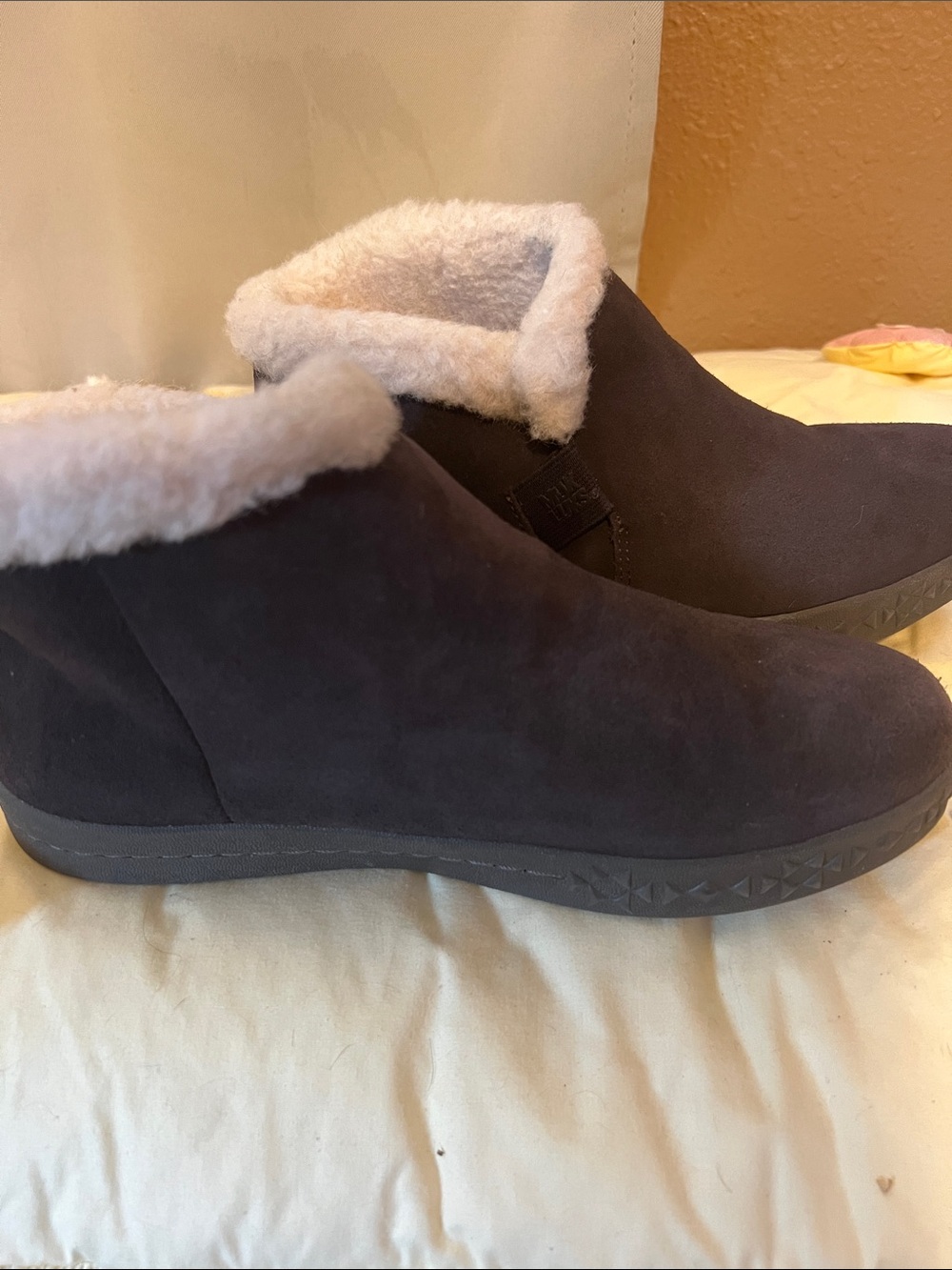 Muk Luks Brown Suede Ankle Slippers with Cream Faux Shearling